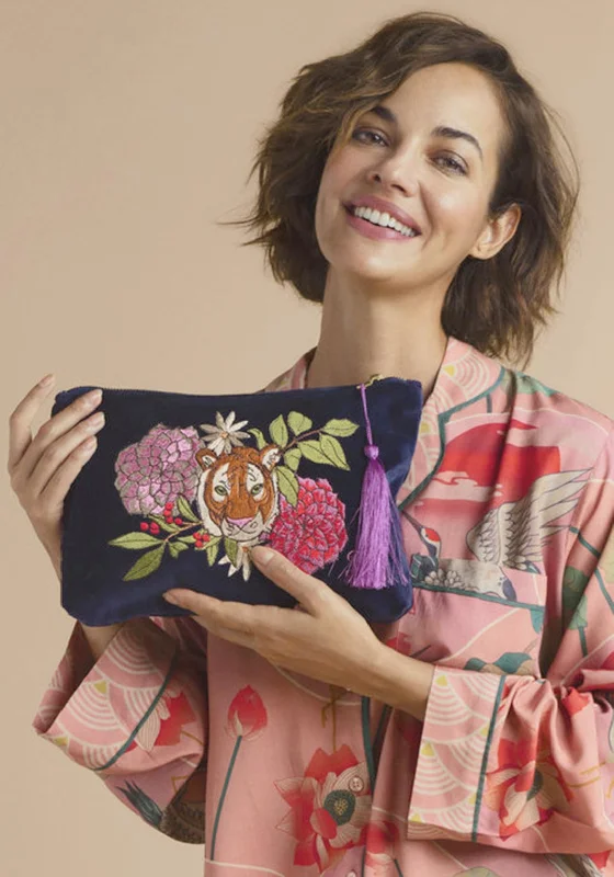 Powder Velvet Zip Floral Tiger Face Pouch, Indigo