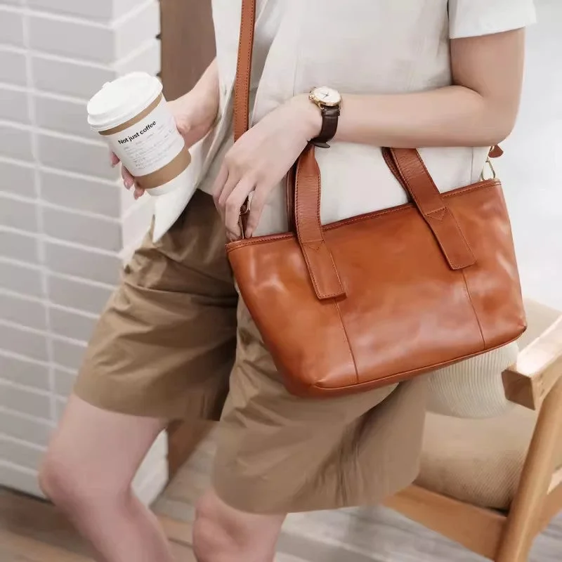 Cute Womens Small Tote Bag With Zipper Brown Leather Shoulder Bag