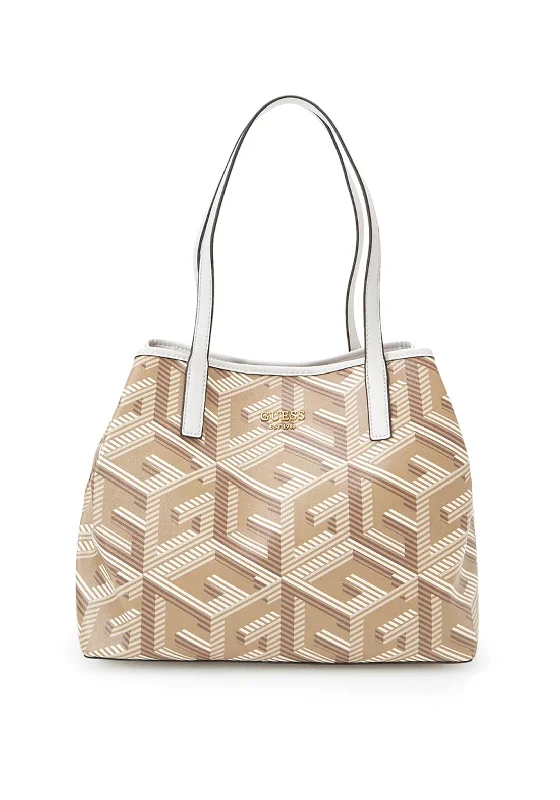 Guess Vikky Medium Logo Print Tote Bag, Taupe Logo