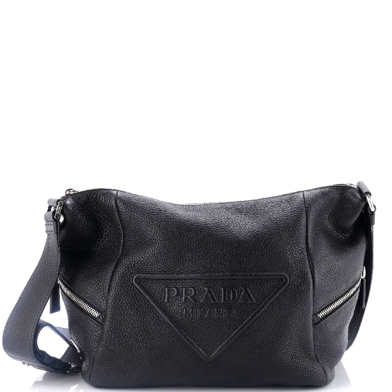 Triangle Logo Embossed Side Zip Shoulder Bag Vitello Daino