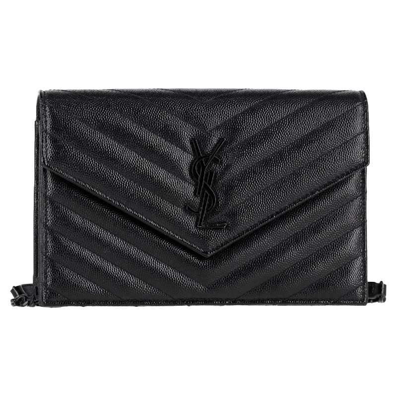 Saint Laurent Small Cassandre Envelope Chain Wallet in Black Grain Calf Leather