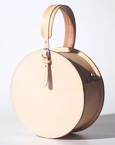 Handmade Womens Beige Leather Circle Handbag Round Purse Crossbody Bag for Women