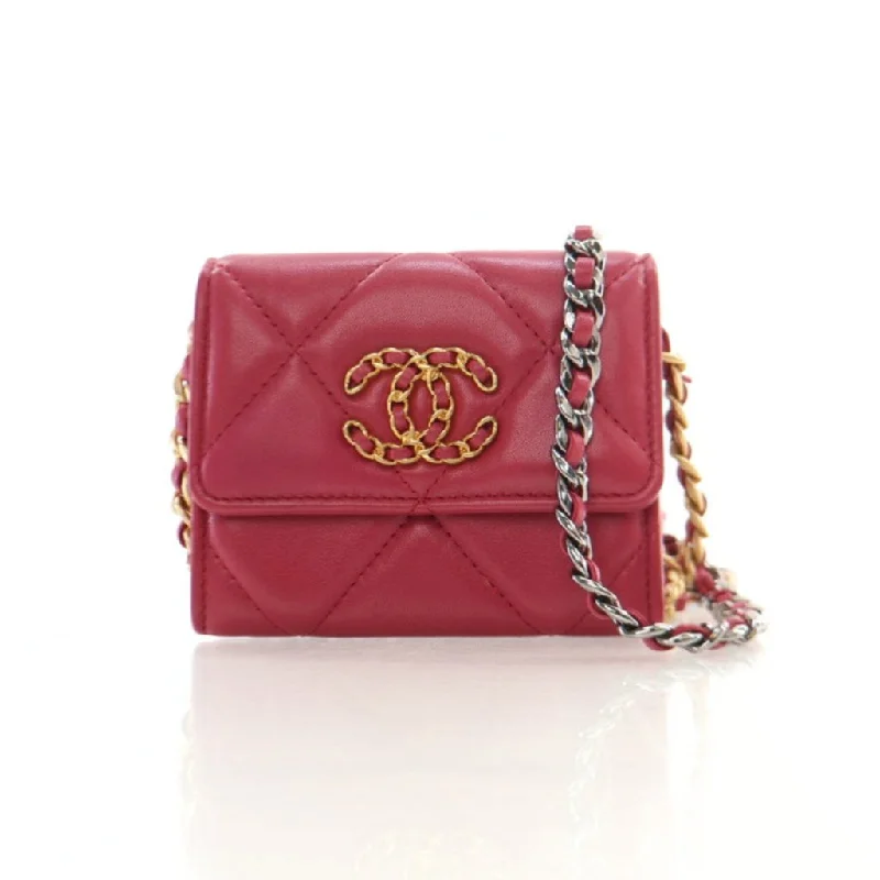 Chanel 19 Cardholder on Chain Raspberry Red Lambskin