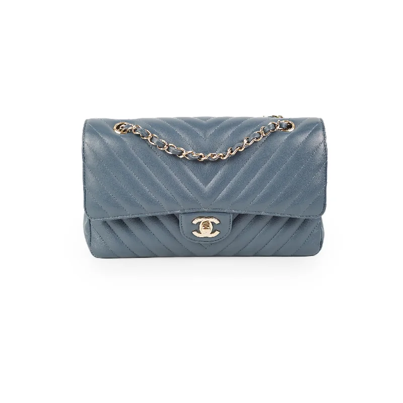 Chanel Chevron M/L Lambskin Classic Flap Dark Grey/Blue