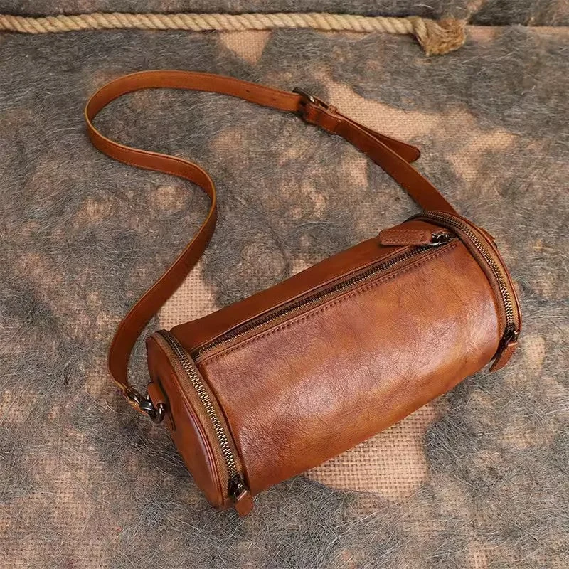 Vintage Brown Leather Barrel Shoulder Bag With Two Zipper Side Pockets Crossbody Bag For Women