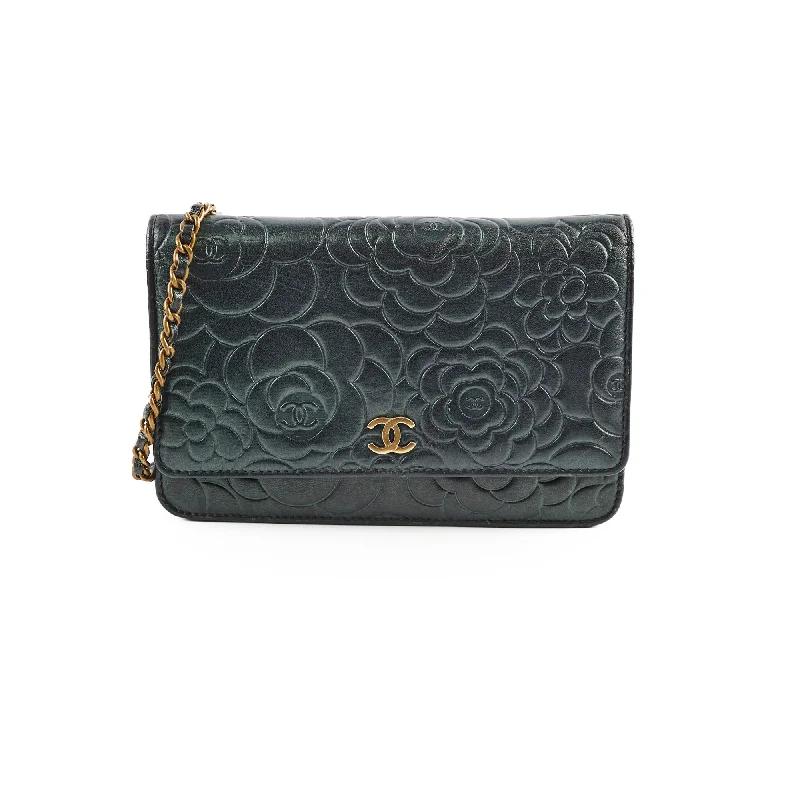 Chanel Camelia Embossed Wallet On Chain WOC Irrdescent Green