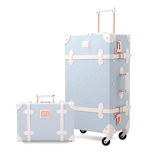 UNIWALKER Retro Luggage Set 20 inch Women Cute Suitcase with 12 inch Carry on Handbag (Embossed Blue)