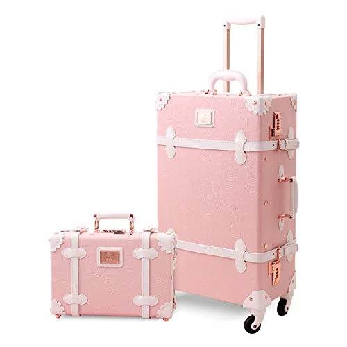 UNIWALKER Vintage Suitcase Set 20 inch Carry on Spinner Luggage with 12 inch Handbag for Women (Embossed Pink)