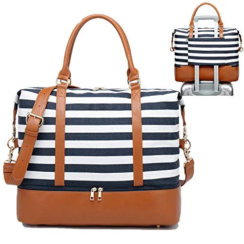 Womens Travel Weekend Bag Canvas Overnight Carry on Shoulder Duffel Beach Tote Bag (Blue stripe with shoe compartment)