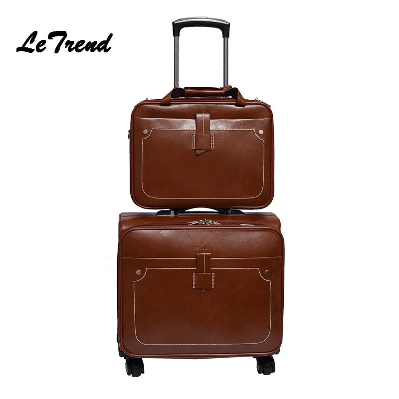 Letrend Men Business Pu Leather Rolling Luggage Set Spinner Retro Trolley 18 Inch Carry On