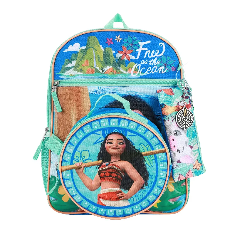 Disney Princess Moana Free as the Ocean Kids 16" Backpack and Lunch Bag 5 Piece Set