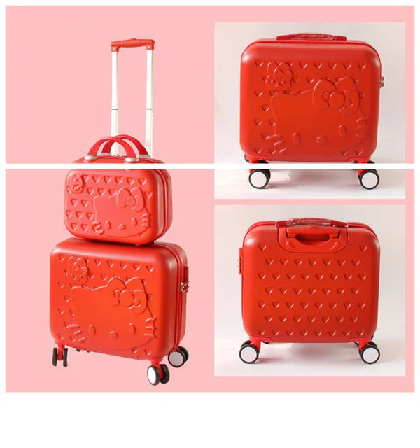 Women Carry-On KT Luggage Set/Girls Hello Kitty Travel Suitcase+Cosmetic Bag 2Pcs/Set/14'' 17'' ABS