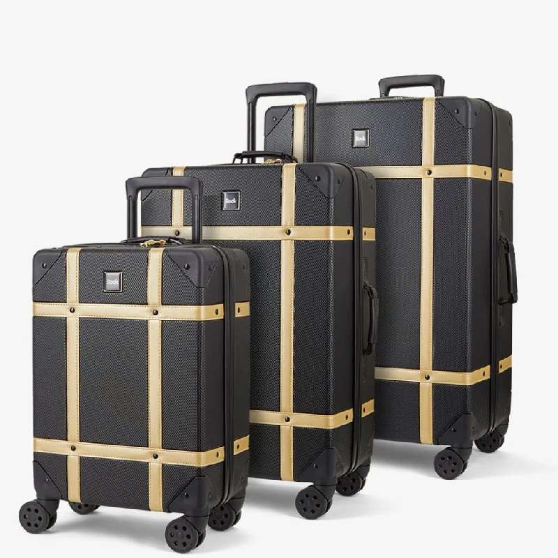 Rock Vintage 3 Piece Hardsided Luggage Set - Black/Gold