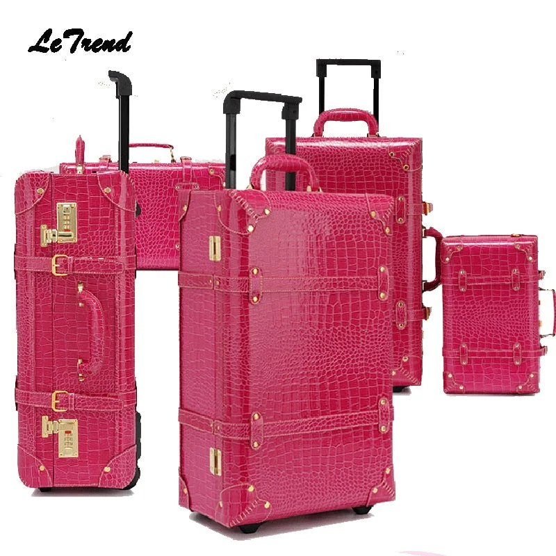 Letrend Vintage Suitcase Wheels Rolling Luggage Set Retro Leather Cabin Trolley Spinner Carry On